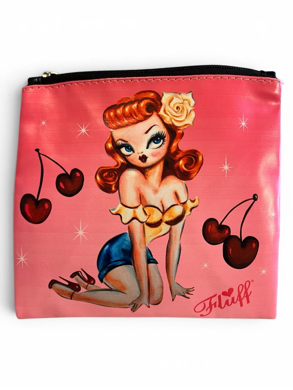 Vintage Miss Fluff Retro Rockabilly Redhead Pinup Cherry Cosmetic Bag Pouch